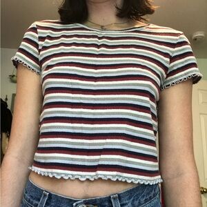 American Eagle Multicolor Striped Lettuce Hem Ruffle Crop T-Shirt Women’s